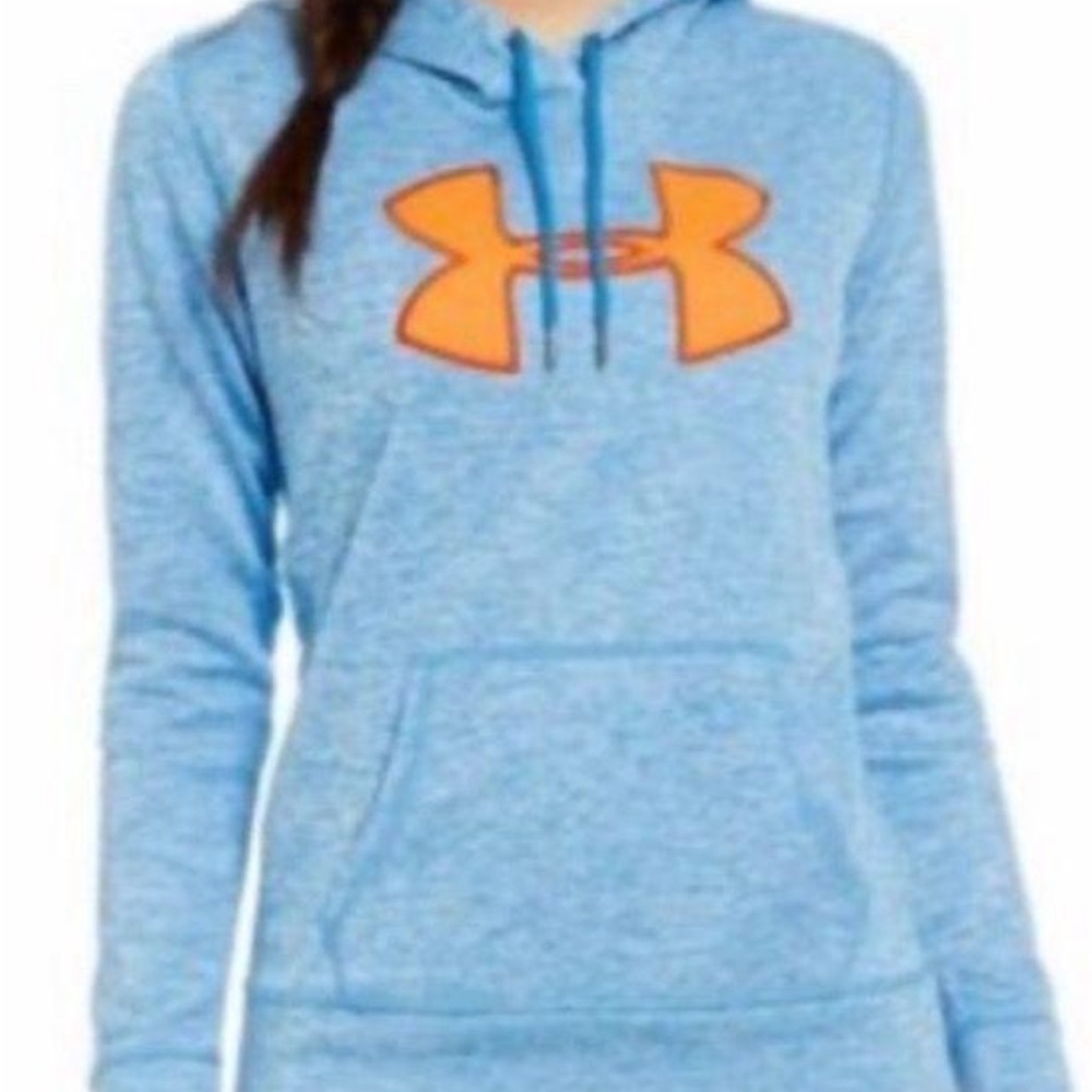 Under Armour Women's Light Blue Hoodie with Orange Logo